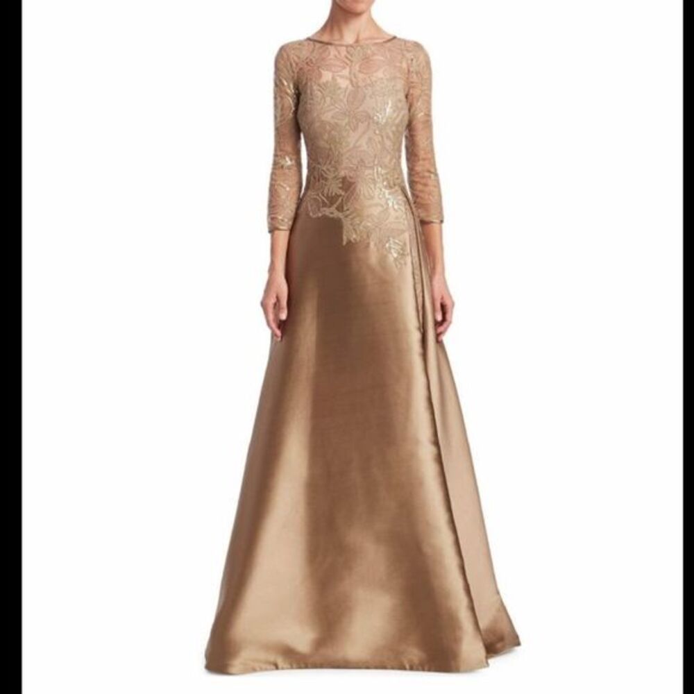 Teri Jon Embellished Floral Lace Illusion 3/4 Sleeve Gown Dress US 2 $1000
